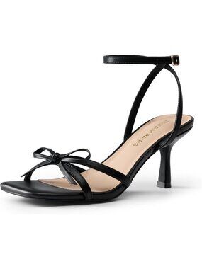 Women's Kitten High Heels Sandals Square Toe Black Strappy Bow Heel Dress Shoes